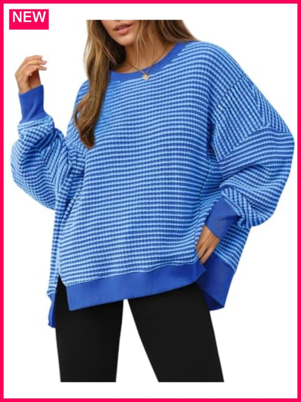 Waffle Knit Oversized Crewneck Pullover Sweatshirt Tunic, Long Sleeve Side